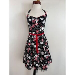Rampage Floral Halter Dress Red White Y2K Rockabilly Pinup Retro Tulle Sz 3 XS